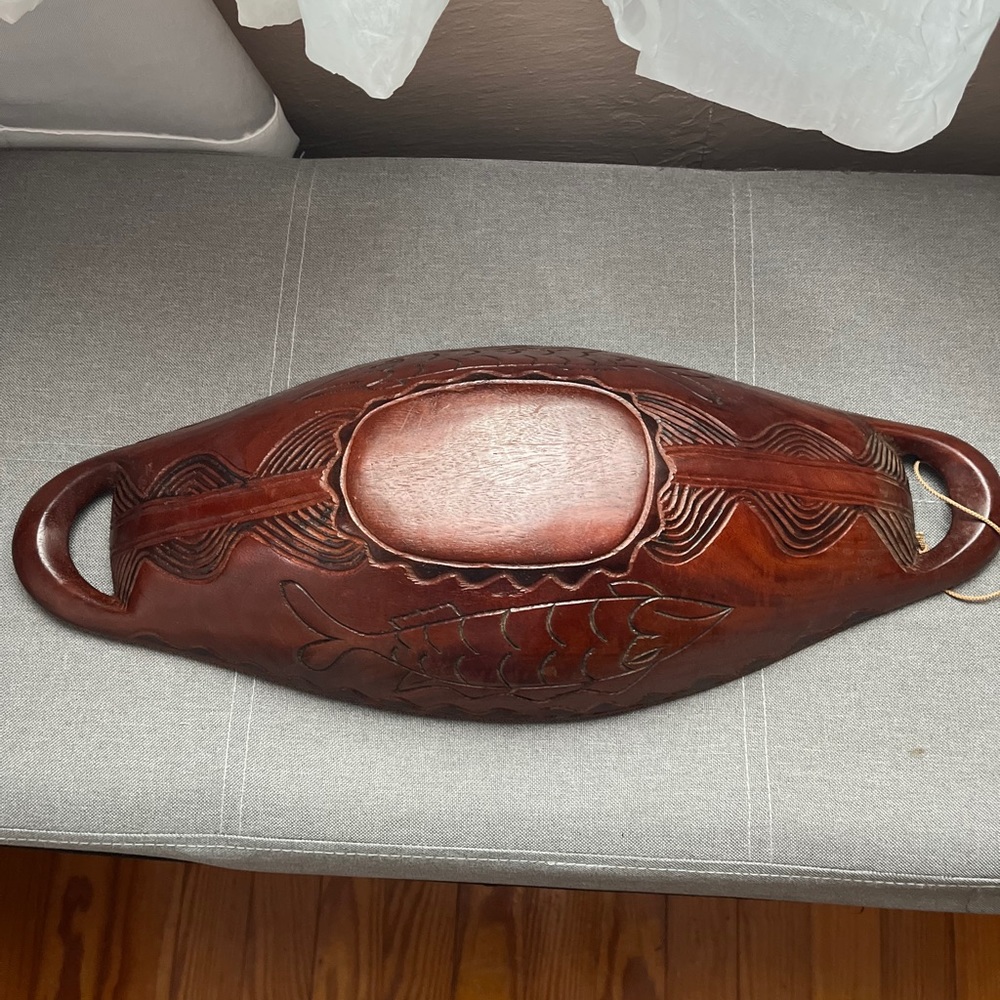 Vintage Artisan etched fish design down wood bowl decor brown hand made - Picture 2 of 5